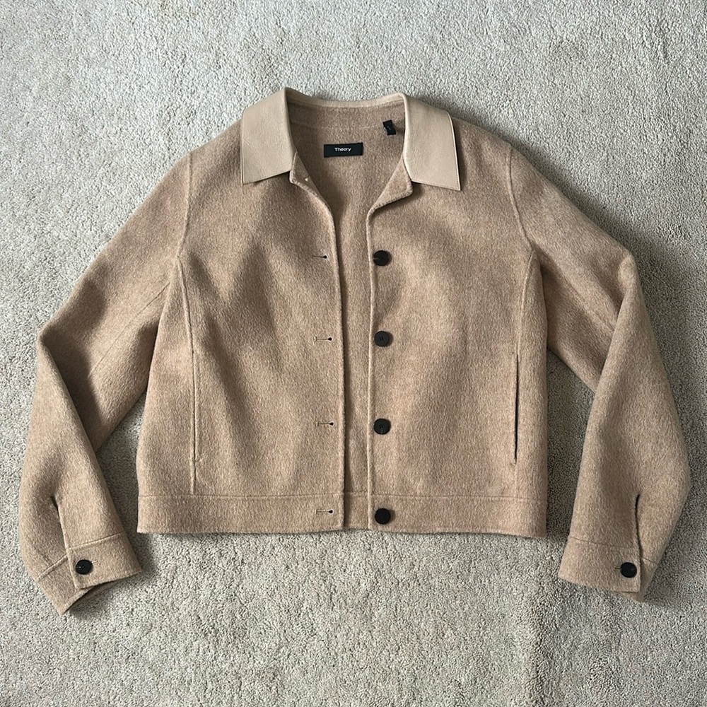 Theory Combo Crop Leather Collar/Wool Cashmere Jacket